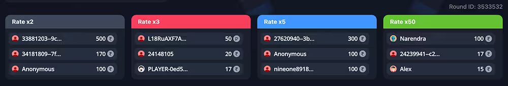 A screenshot of the live bets in casino game Wheel by InOut Games