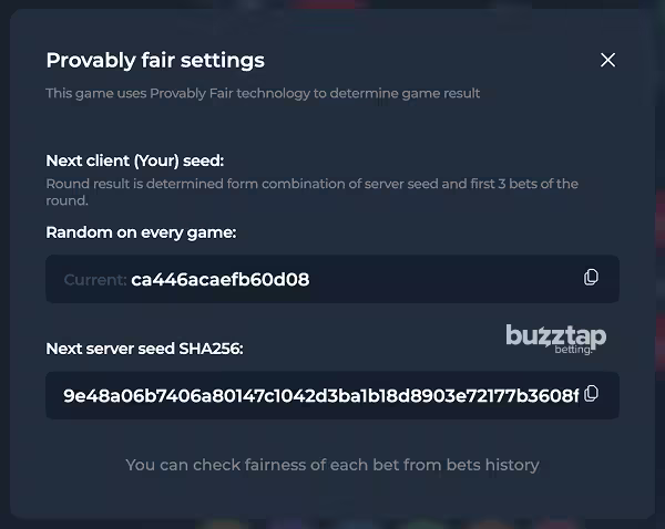 A screenshot of the in-game Provably Fair settings for casino game Roulette by InOut Games