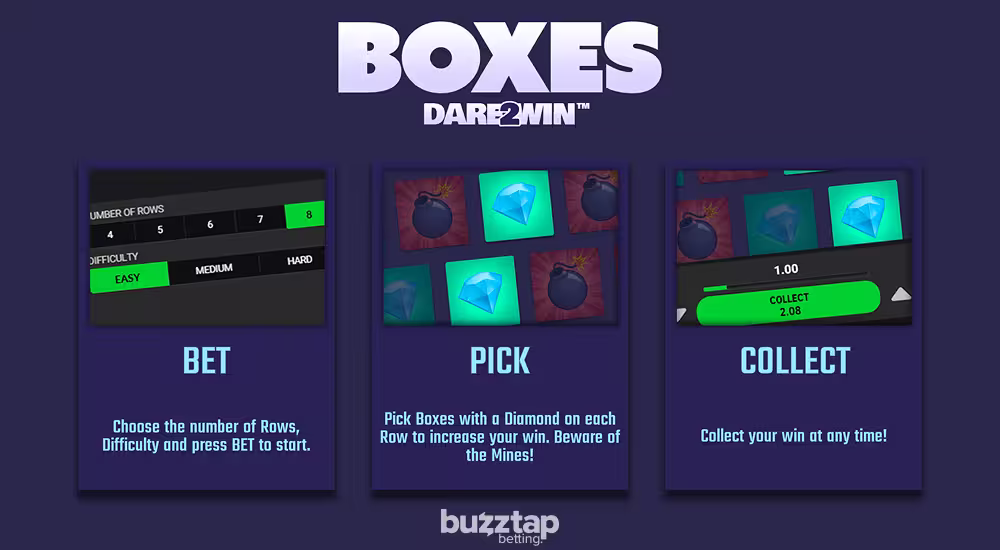 An in-game screenshot of the "how to play" steps for casino game Boxes Dare2Win by Hacksaw