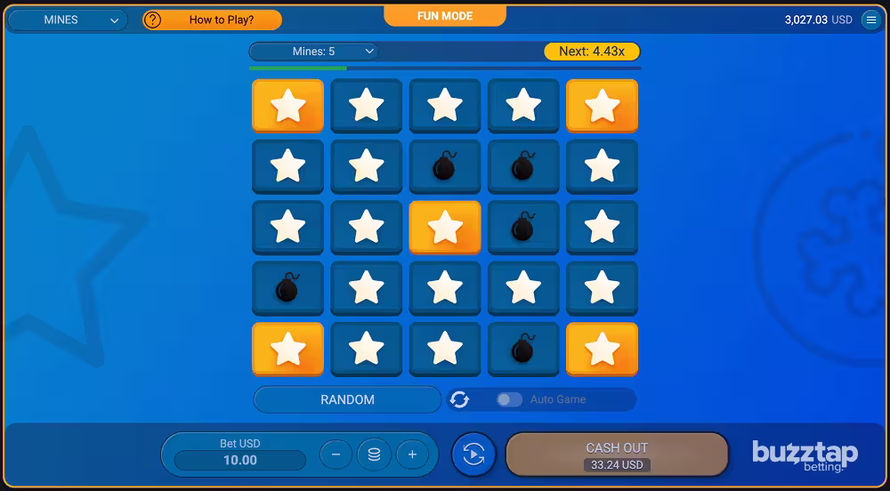 A gameplay screenshot of casino game Mines by Spribe