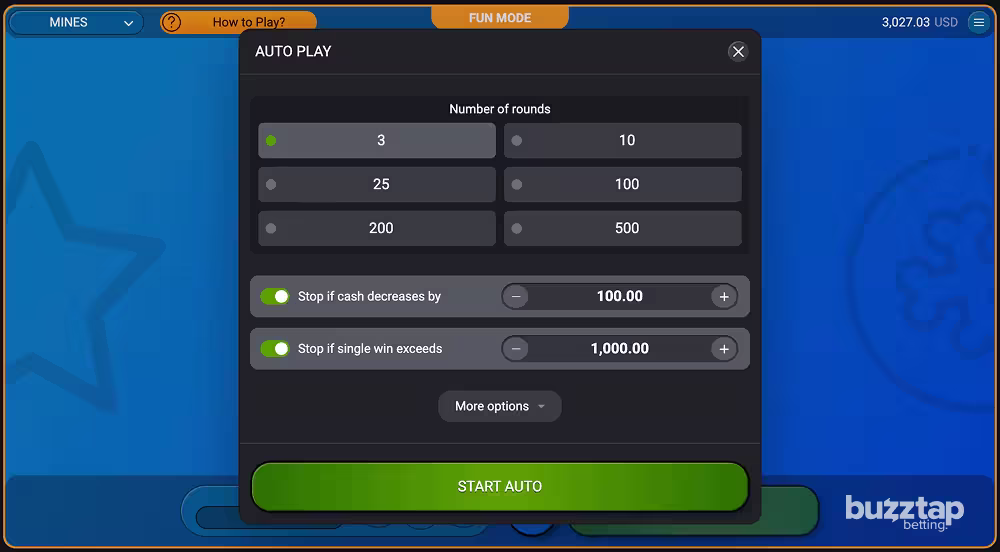 An in-game  showcasing the autoplay settings and controls for casino game Mines by Spribe
