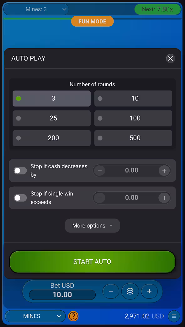 A mobile gameplay screenshot of casino game Mines by Spribe