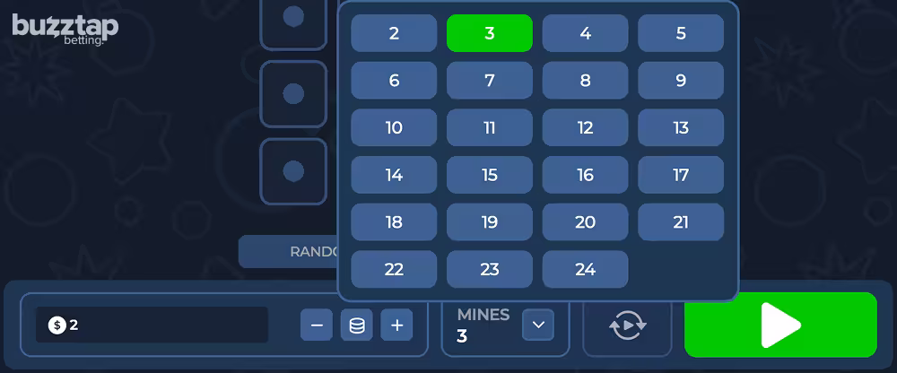 An in-game screenshot of the mines confiuration settings for casino game Lucky Mines by InOut Games