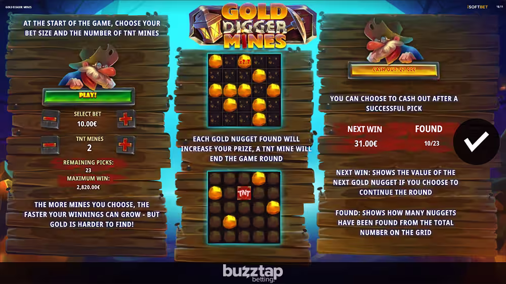 An in-game screenshot showcasing the rules page for casino game Gold Digger Mines by iSoftBet