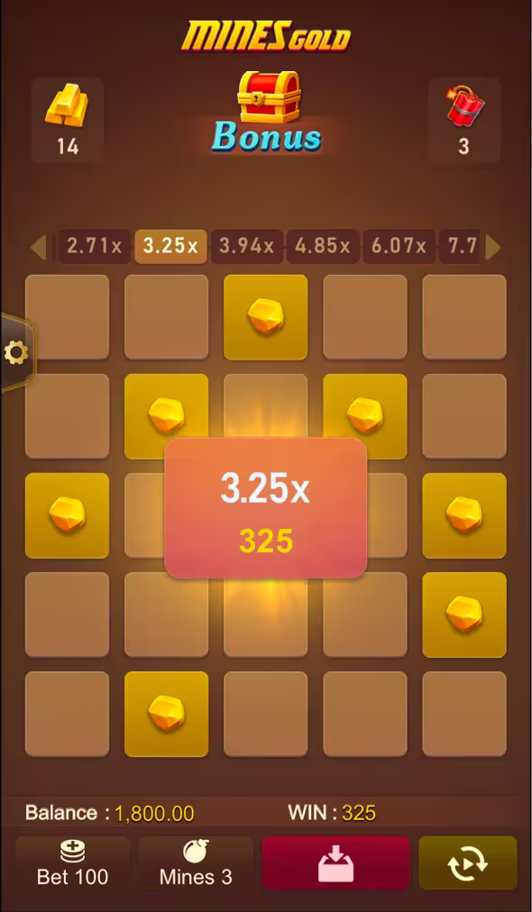 A mobile gameplay screenshot of casino game Mines Gold by TaDa Gaming