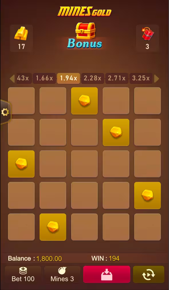 A mobile gameplay screenshot of casino game Mines Gold by TaDa Gaming