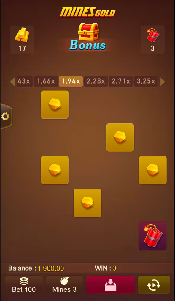 A mobile gameplay screenshot of casino game Mines Gold by TaDa Gaming