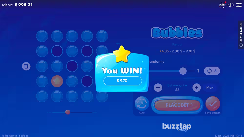 A gameplay screenshot of casino game Bubbles by Turbo Games featuring a win result