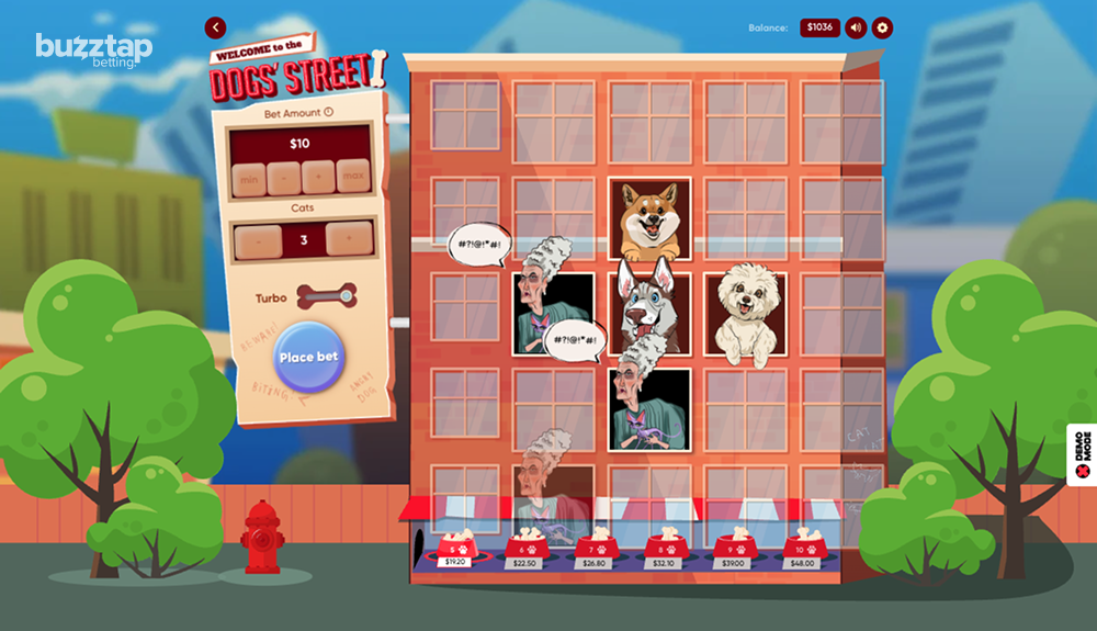 A gameplay screenshot of casino game Dogs Street by Turbo Games