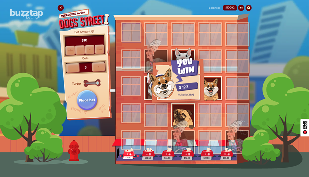 A gameplay screenshot of casino game Dogs Street by Turbo Games featuring a win result
