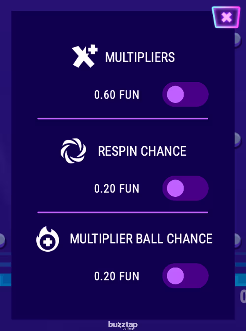 An in-game screenshot of Plinko 2 feature add ons control page