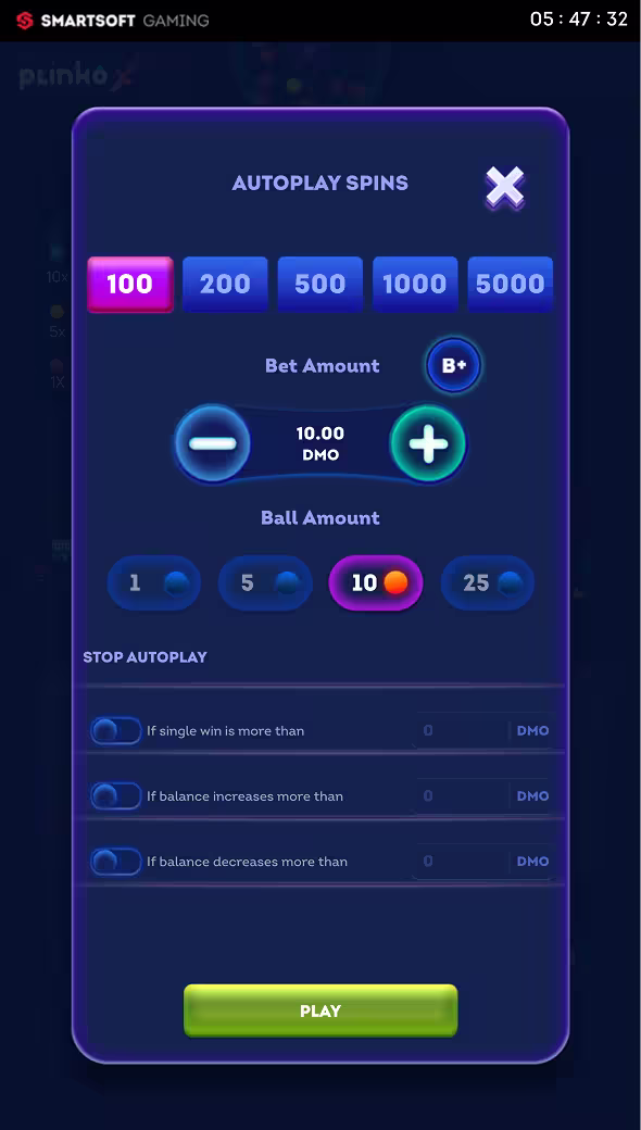 A mobile gameplay screenshot of casino game Plinko X by Smartsoft