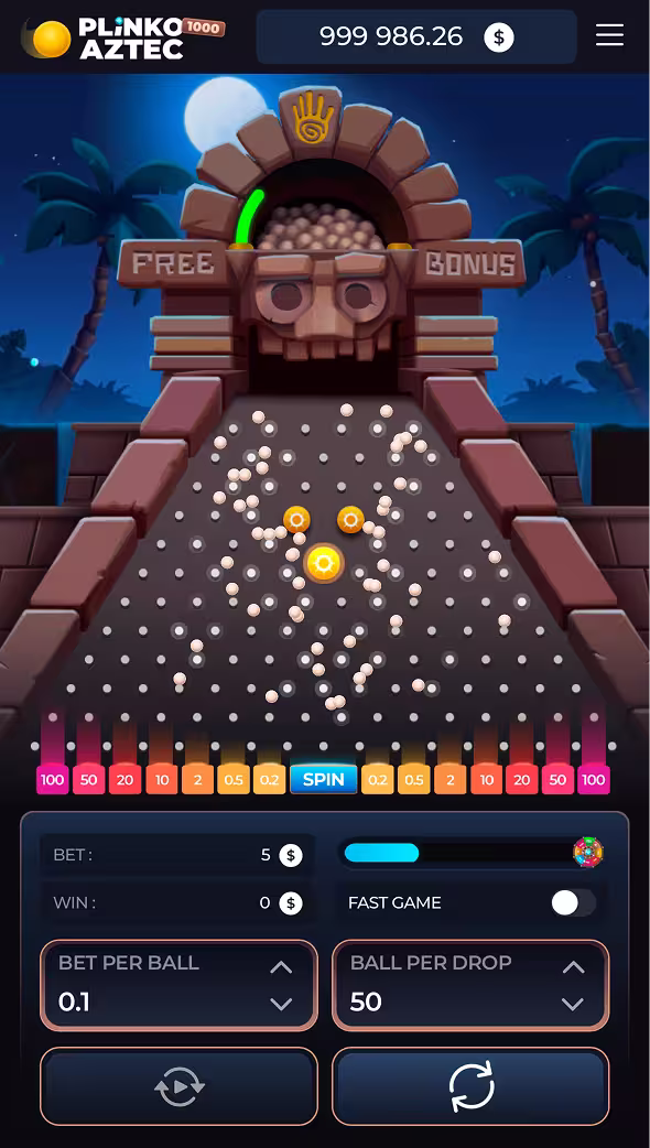 A mobile gameplay screenshot of casino game Plinko Aztec by InOut Games