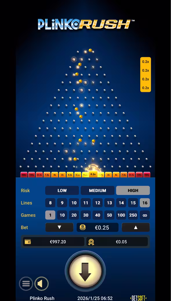 A mobile gameplay screenshot of casino game Plinko Rush by Betsoft