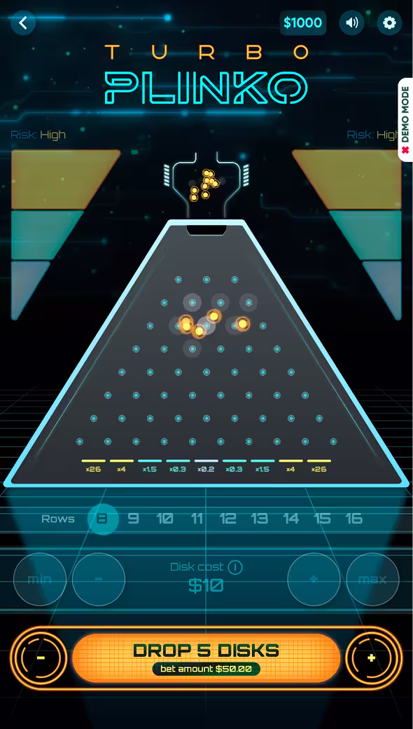 A gameplay screenshot of casino game Turbo Plinko by Turbo Games