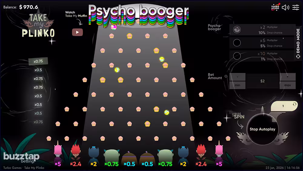 A gameplay screenshot of casino game Take My Plinko by Turbo Games featuring the Psycho Booger bonus