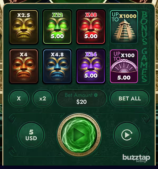 An in-game screenshot of the betting panel and controls for casino game Mysteco by Turbo Games
