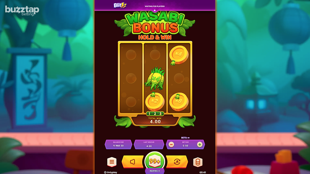 An in-game screenshot of the wasabi Hold & Win bonus round from Fortune Chef Panda by Onlyplay