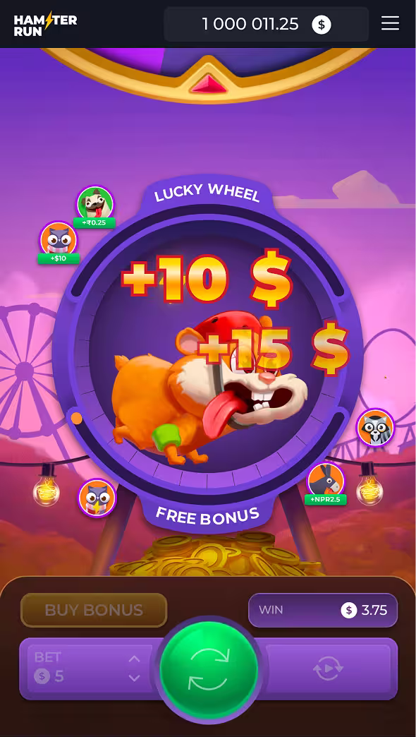 A mobile gameplay screenshot of casino game Hamster Run by InOut Games
