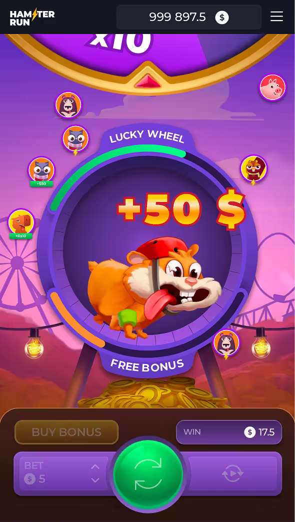 A mobile gameplay screenshot of casino game Hamster Run by InOut Games