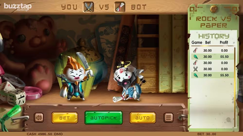 A gameplay screenshot of casino game Rock Scissors Paper by Pixmove