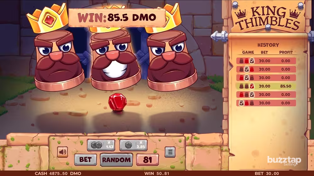 A gameplay screenshot of casino game King Thimbles by Pixmove