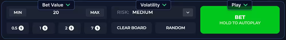 An in game screenshot of the betting panel for casino game Triple by InOut Games