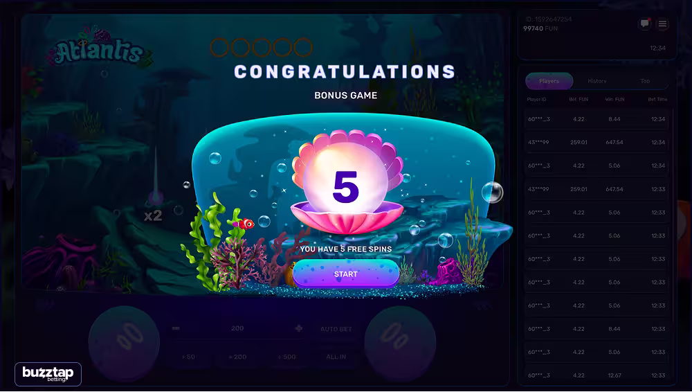 A gameplay screenshot of the free spin bonus round in casino game Atlantis by Galaxsys