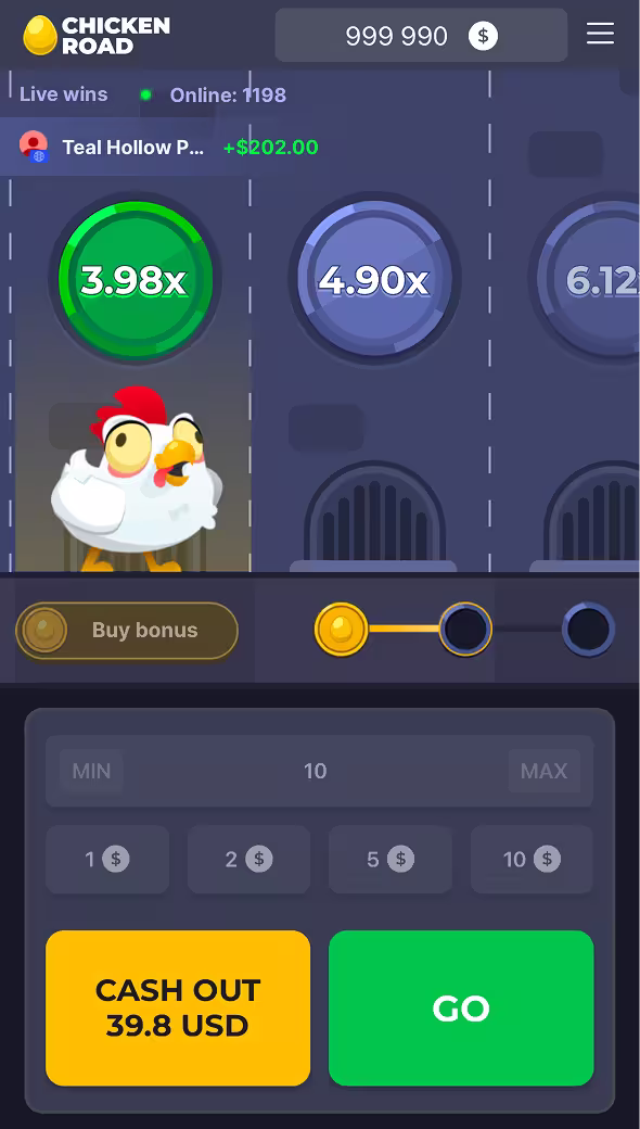 A mobile gameplay screenshot of casino game Chicken Road Bonus by InOut Games