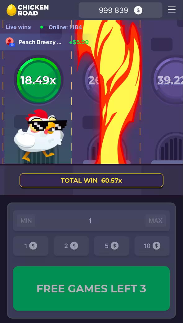 A mobile gameplay screenshot of casino game Chicken Road Bonus by InOut Games