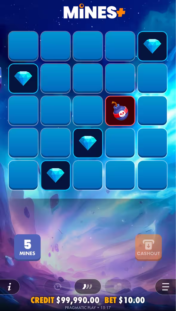 A mobile gameplay screenshot of casino game Mines+ by Pragmatic Play