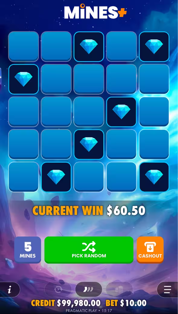A mobile gameplay screenshot of casino game Mines+ by Pragmatic Play