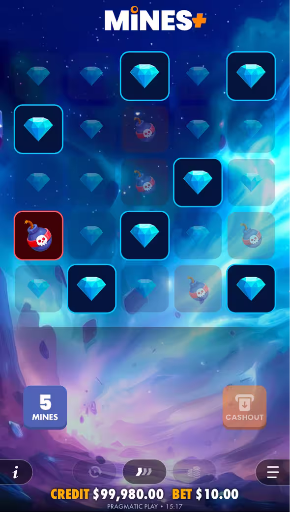A mobile gameplay screenshot of casino game Mines+ by Pragmatic Play