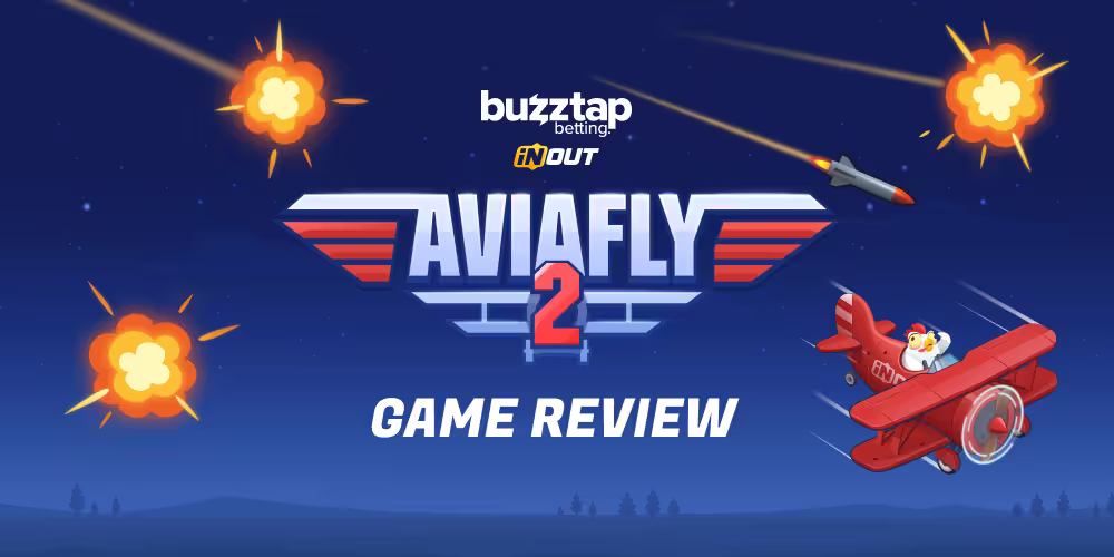 A graphical banner featuring logos and characters from casino game Avia Fly 2 by InOut Games