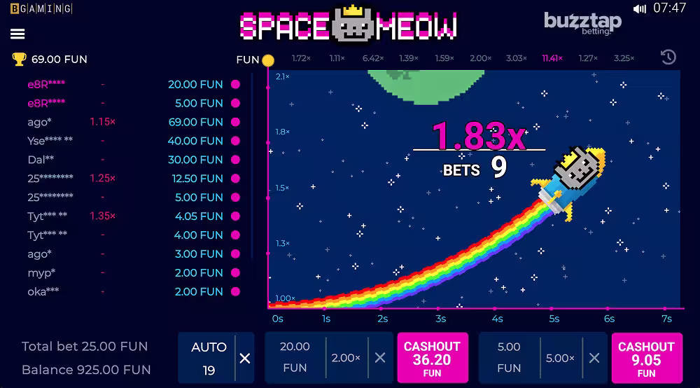 A gameplay screenshot of Space Meow by BGaming