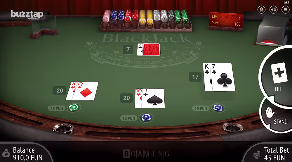 A gameplay screenshot of multihand blackjack by BGaming