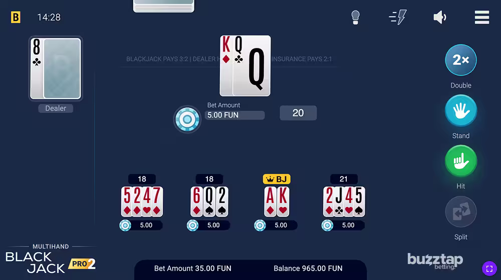 A gameplay screenshot of Multihand Blackjack Pro 2 by BGaming