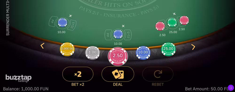 A screenshot in-game of the Surrender Multihand Blackjack betting phase