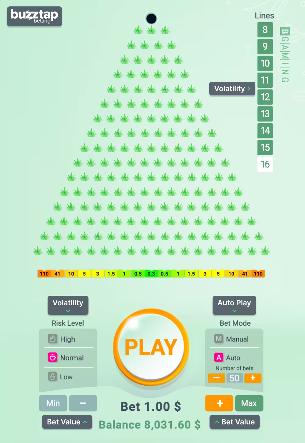 A diagram of the gameplay UI and betting controls for Easter Plinko