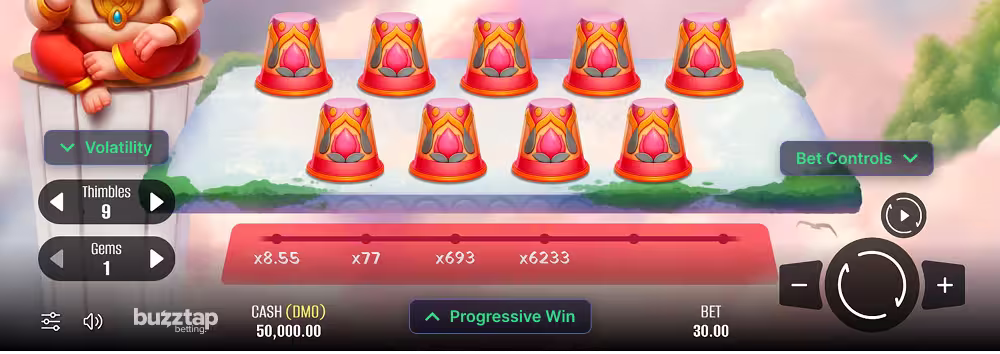 A screenshot of the in game betting panel and game controls for Ganesha Thimbles