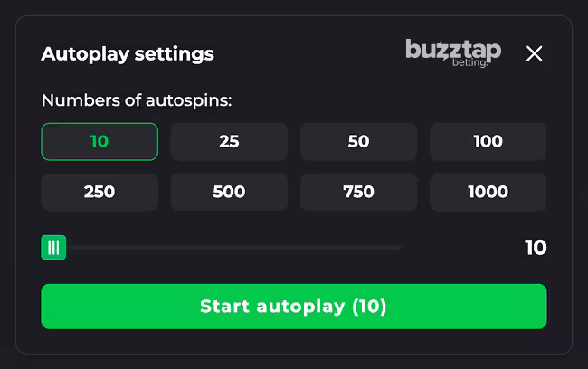 An in-game screenshot of the autoplay settings for casino game Avia Fly 2 by InOut Games