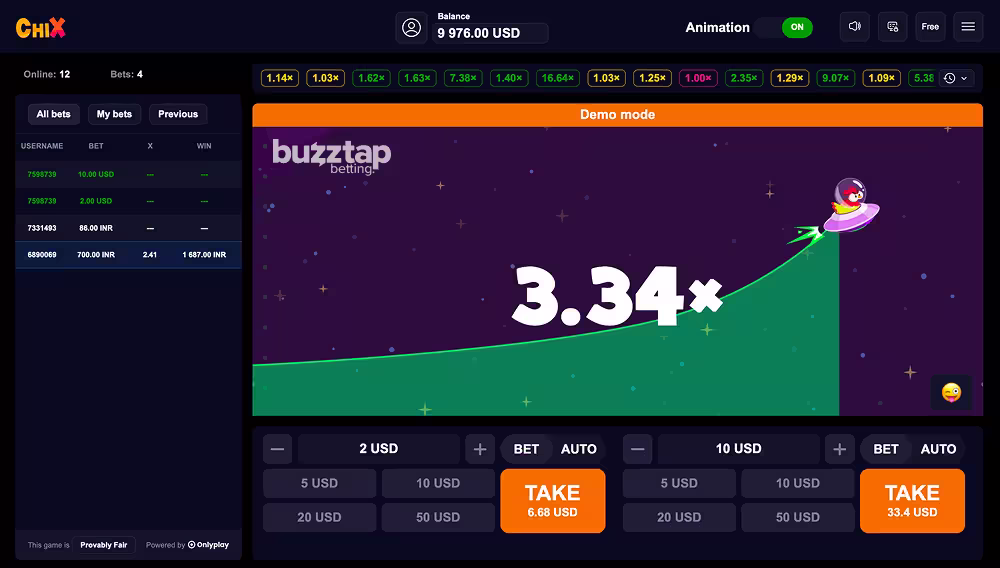 A PC gameplay screenshot of asino crash game ChiX by Onlyplay