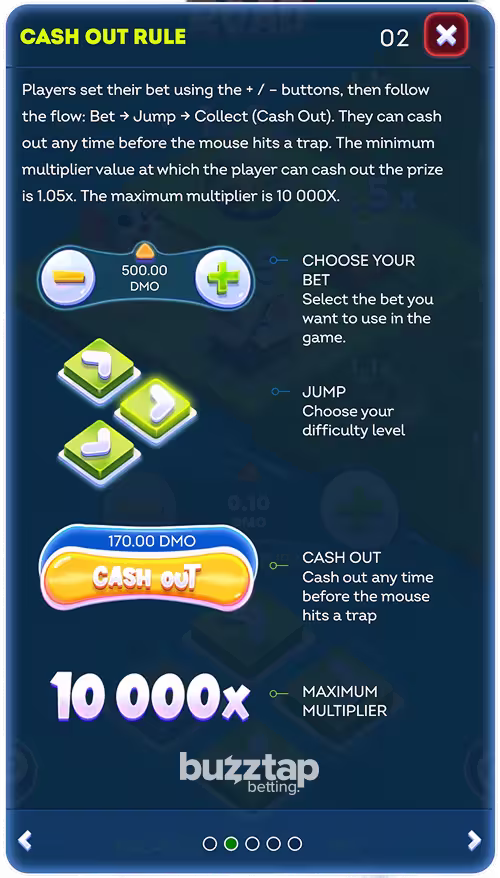 A screenshot of in-game instructions for casino game Cheesy Road by Smartsoft
