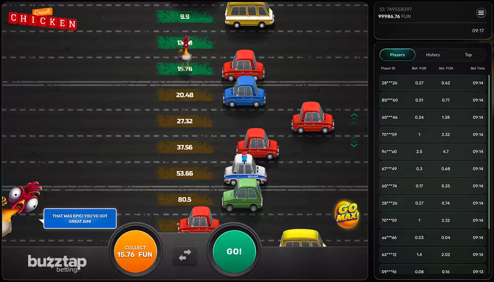 A gameplay screenhot of Chicken Crash casino game by Galaxsys