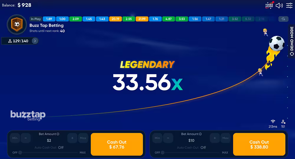 A gameplay screenshot of casino crash game Crash X Football by Turbo Games