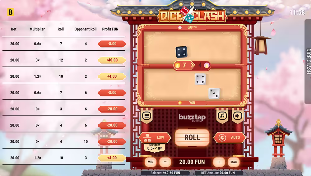 A gameplay screenshot of Dice Clash casino dice game by BGaming