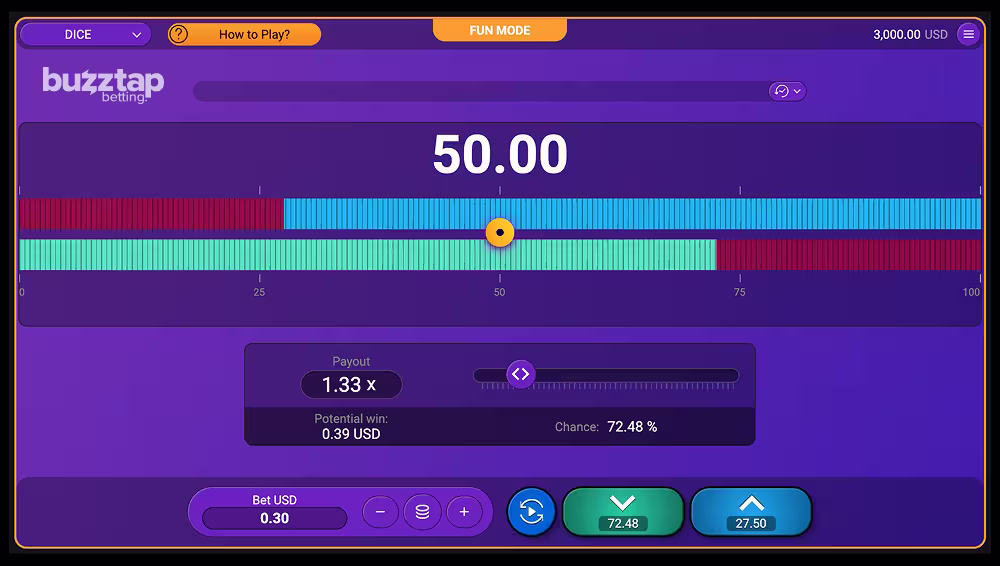 A gameplay screenshot of casino game Dice by Spribe