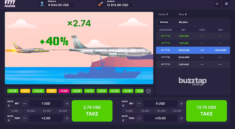 A screenshot of a winning bonus feature round for F777 Fighter crash game by Onlyplay