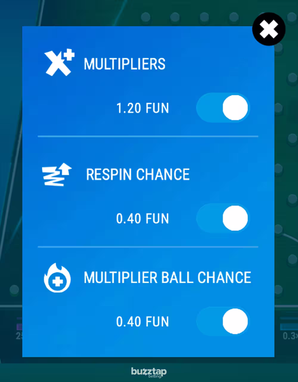 A screenshot of the extra game feature modes panel for casino game Football Plinko by BGaming