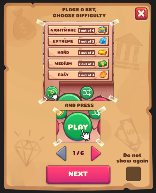 A screenshot of the mechanics for difficulty levels in mines casino game Fox Job by Pixmove